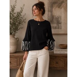 Gracia Black Bell Sleeve Blouse NWT Sz S Statement Ruffle Cuff Top Elegant Chic